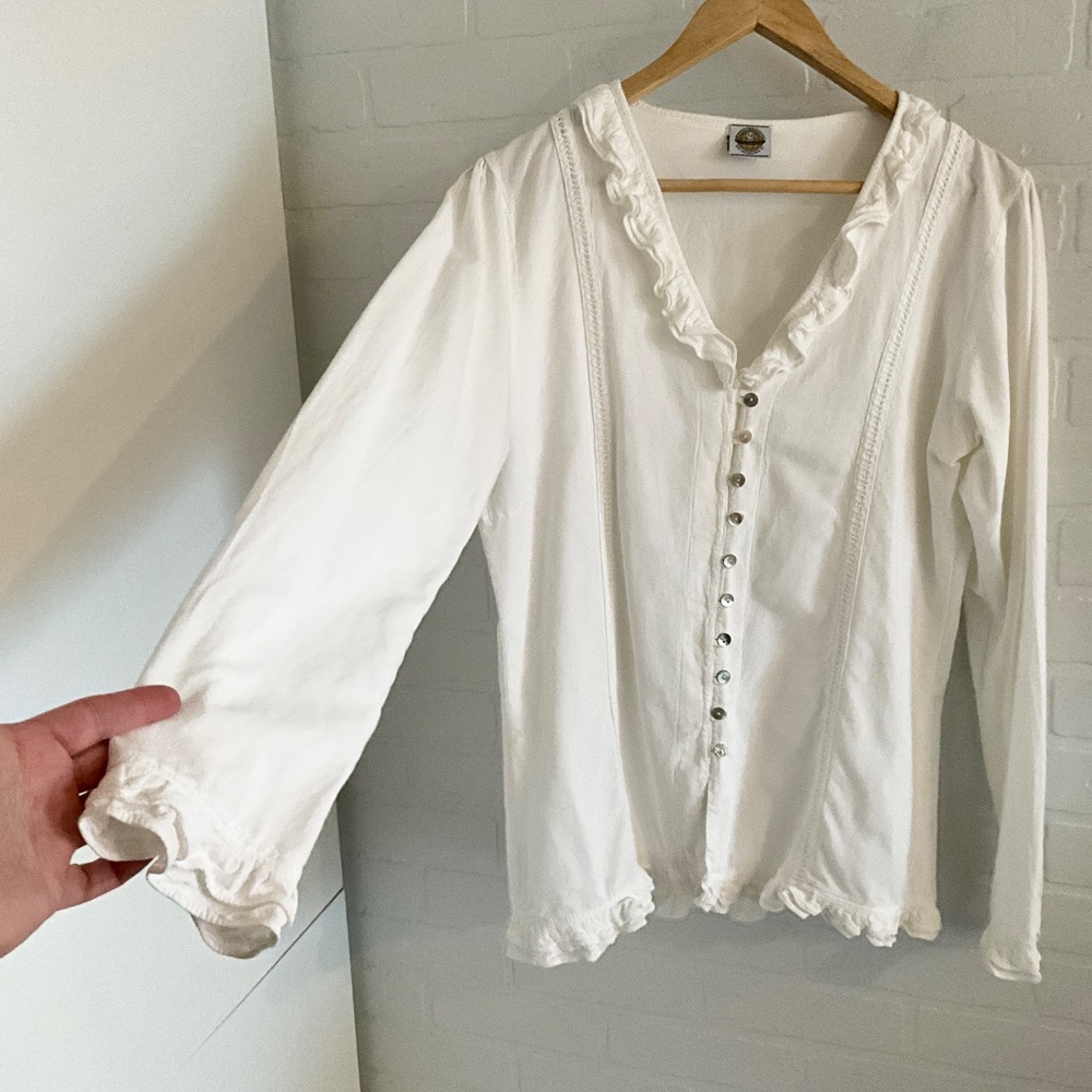 Vintage La Cotonnière Button down Blouse Ruffled Off White Cottagecore Sz XL - Picture 7 of 14